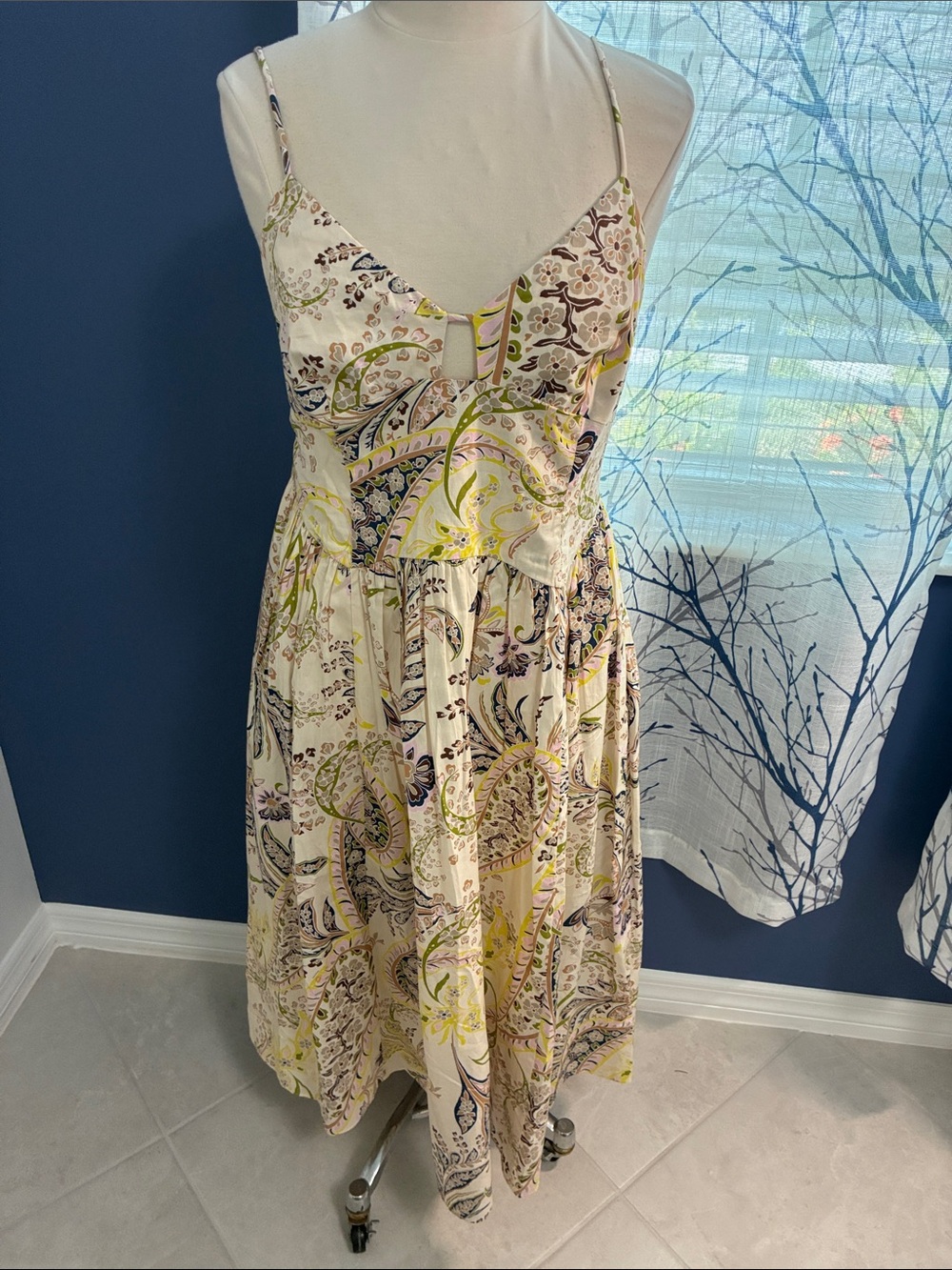 BCBG Spaghetti Strap Paisley Midi Dress in Cream and Yellow